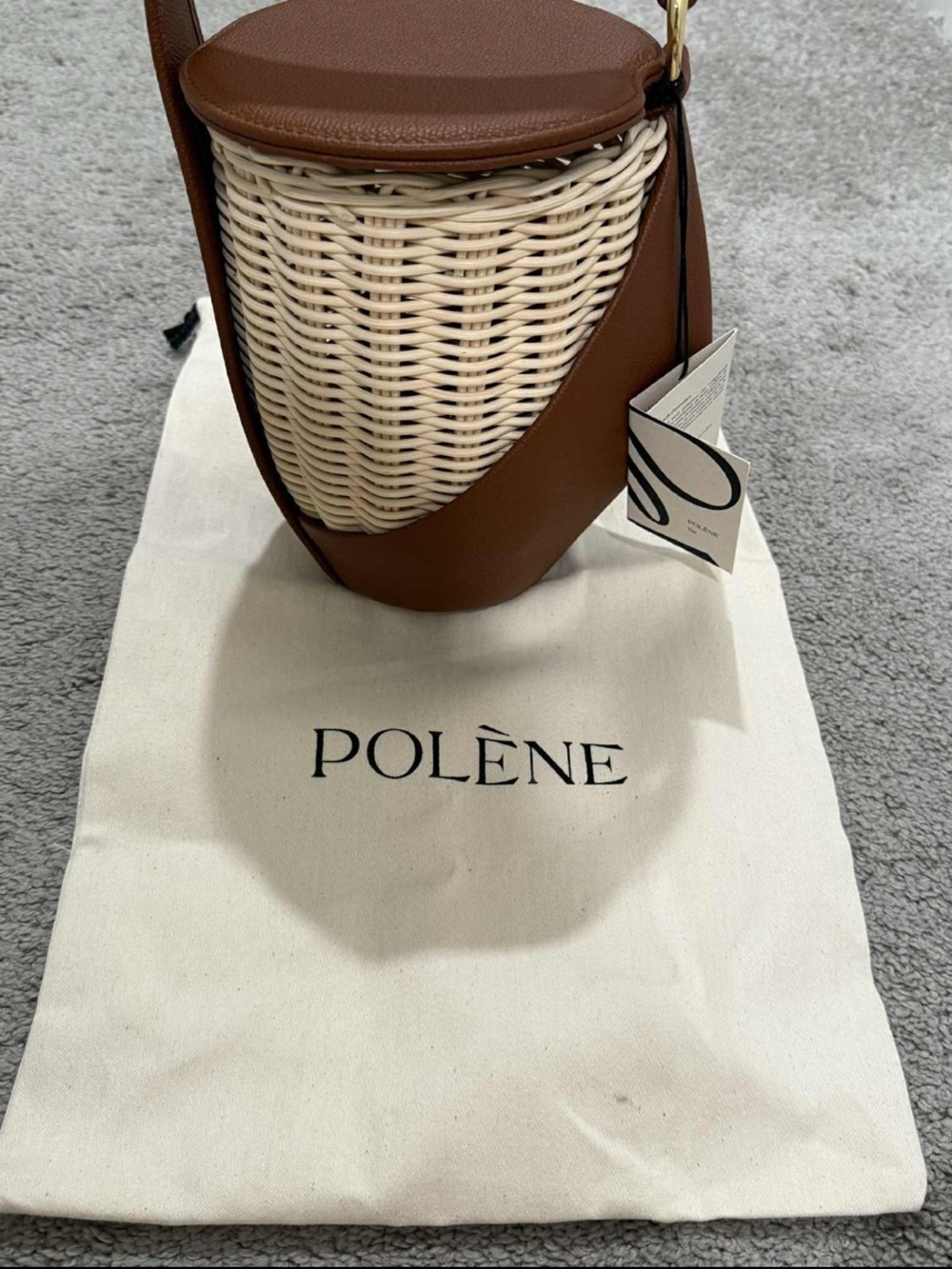 Polène Brown Leather and Cream Wicker Bucket Bag